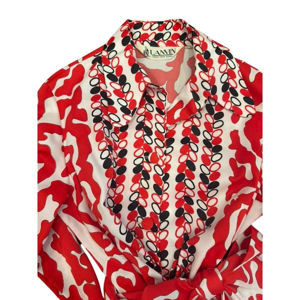 Vintage 60s Lanvin Paris New York Shirt Dress 16 Red Geometric Tie Waist MOD - Picture 7 of 16